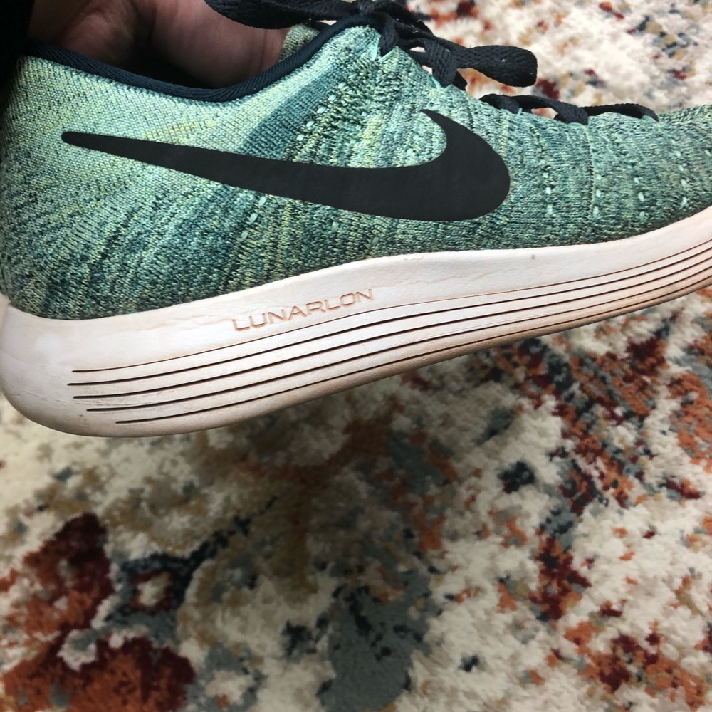 Nike Women's Mint Green and Black Flyknit Lunarlon Running Shoes - Picture 3 of 7